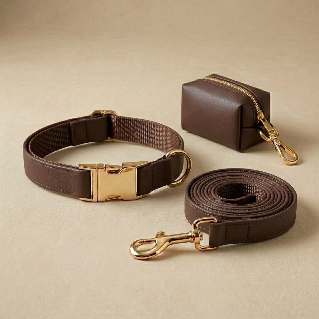 Ensemble Collier Laisse et Sacs à Crottes Personnalisé pour Chien – Cuir PU Coloré, Plaque Gravée