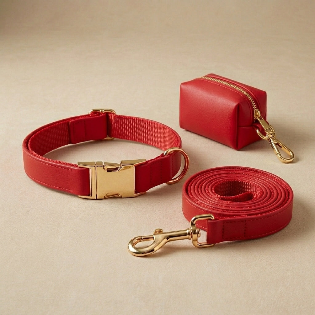 Ensemble Collier Laisse et Sacs à Crottes Personnalisé pour Chien – Cuir PU Coloré, Plaque Gravée