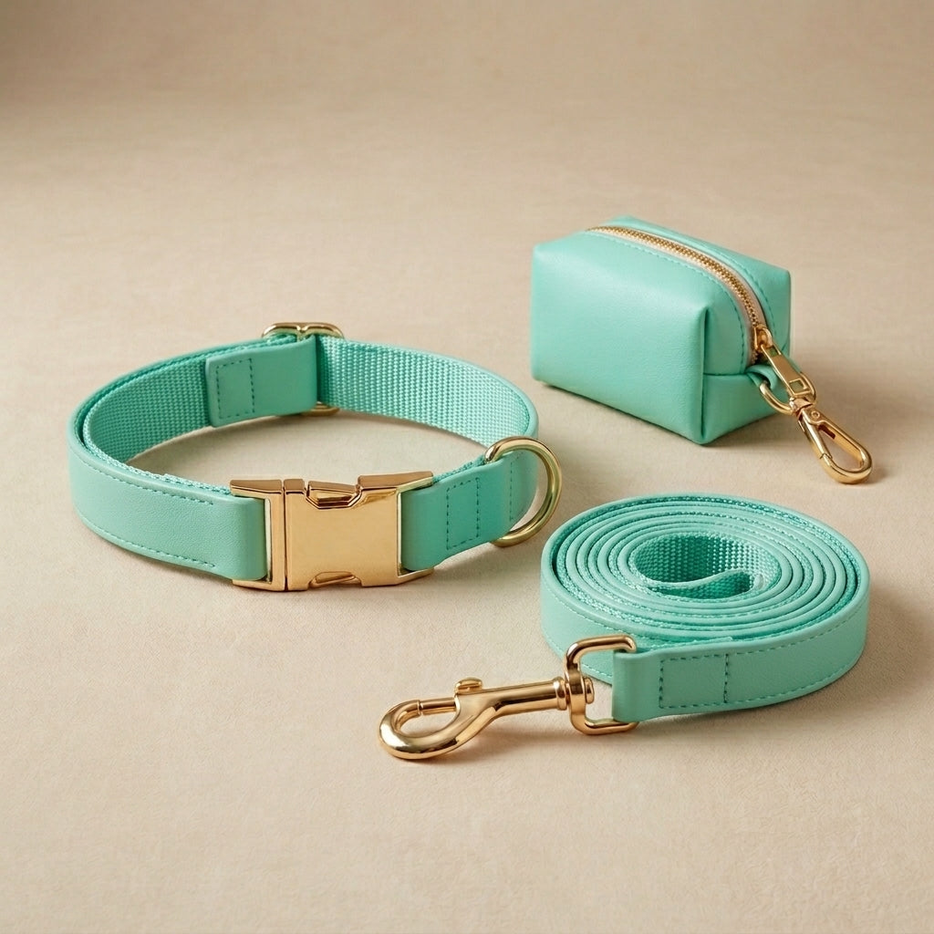 Ensemble Collier Laisse et Sacs à Crottes Personnalisé pour Chien – Cuir PU Coloré, Plaque Gravée