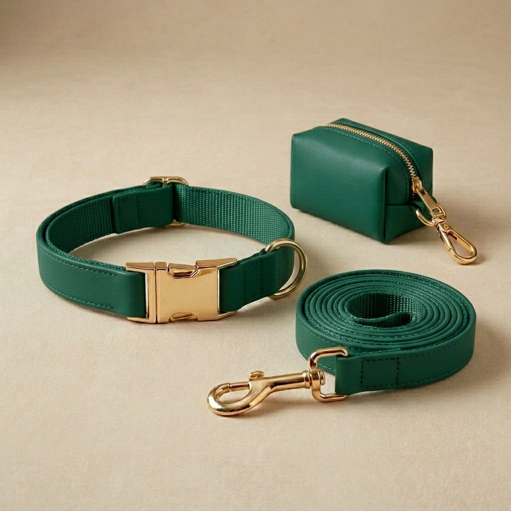 Ensemble Collier Laisse et Sacs à Crottes Personnalisé pour Chien – Cuir PU Coloré, Plaque Gravée