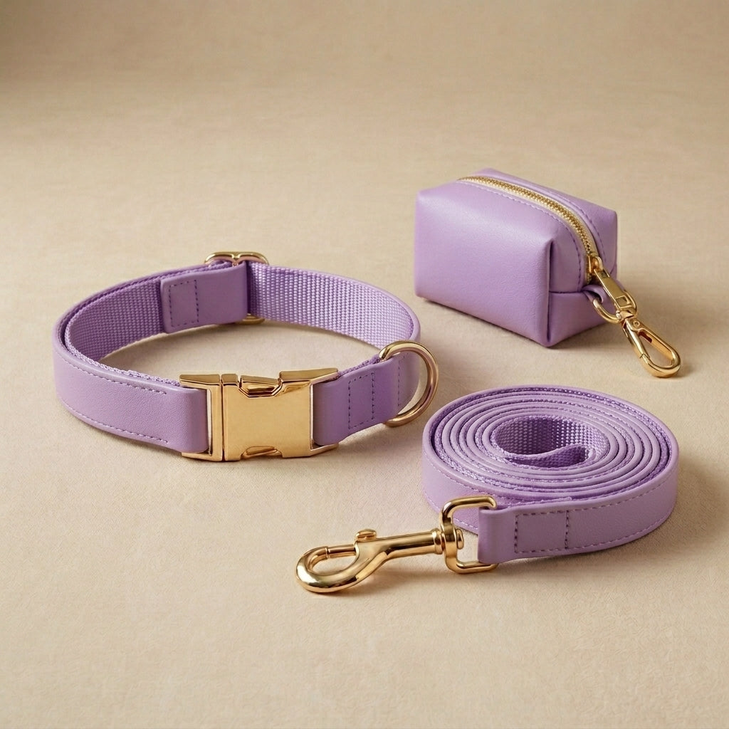 Ensemble Collier Laisse et Sacs à Crottes Personnalisé pour Chien – Cuir PU Coloré, Plaque Gravée
