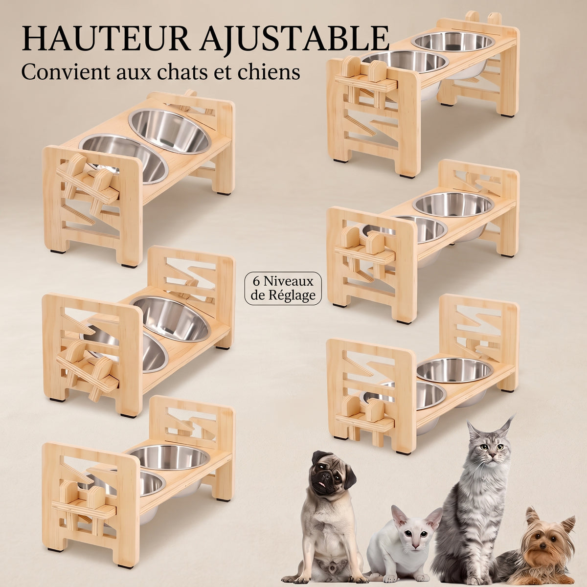 Support de Gamelles Surélevé et Incliné pour Chien et Chat – 2 Gamelles en Acier Inoxydable Incluses, Hauteur Ajustable