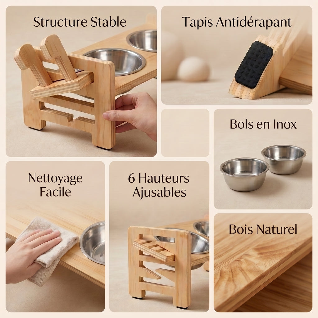 Support de Gamelles Surélevé et Incliné pour Chien et Chat – 2 Gamelles en Acier Inoxydable Incluses, Hauteur Ajustable