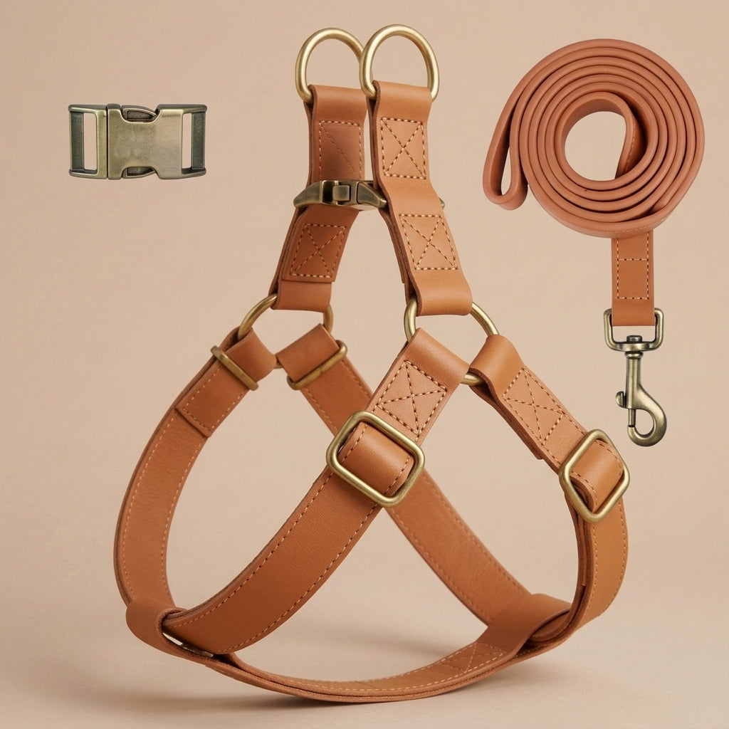 Harnais + Laisse en Cuir PU avec Gravure Offerte