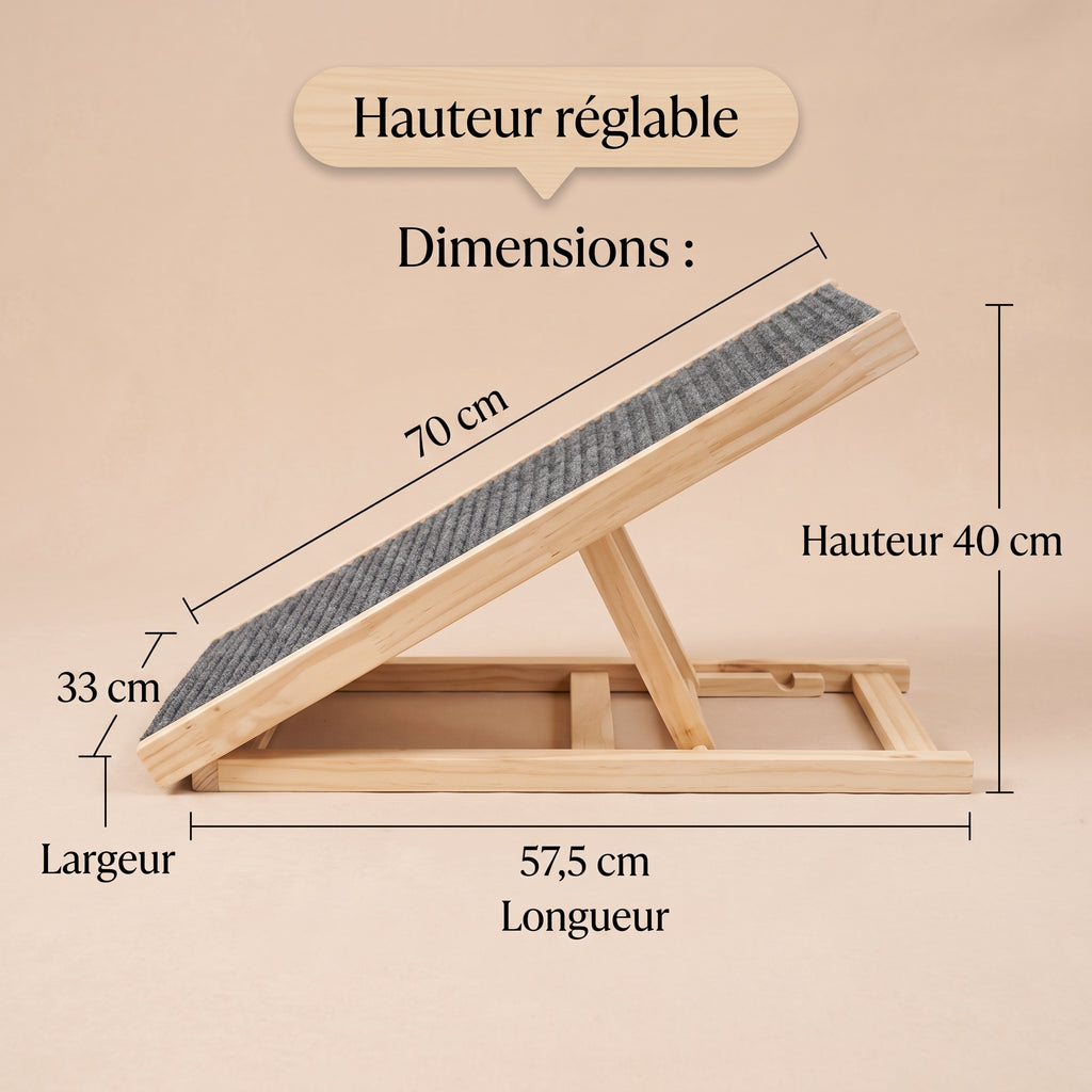 Rampe d'Accès pour Chien en Bois Massif 70cm – Antidérapante et Ajustable en Hauteur pour Canapé, Lit et Voiture
